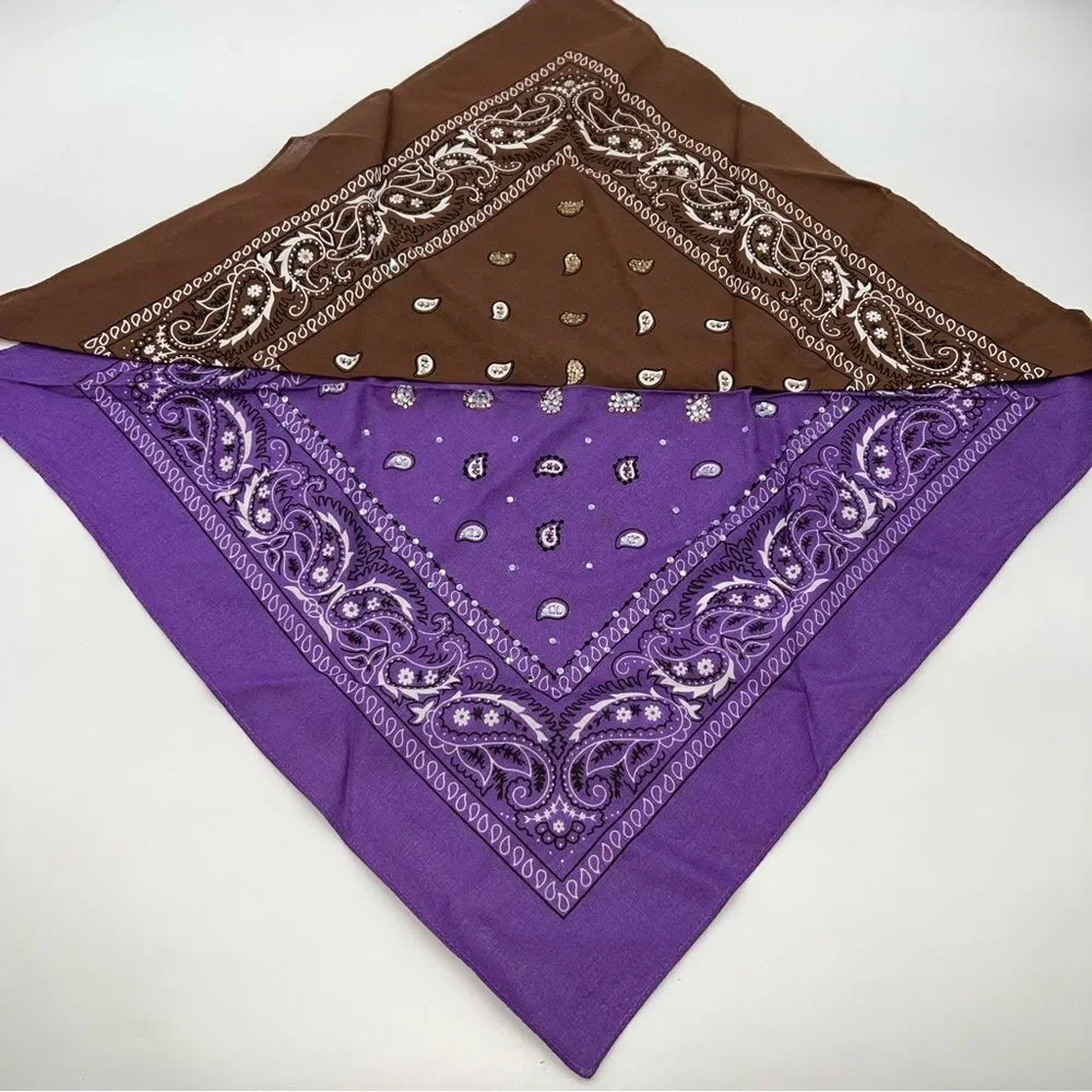Vintage Lot of 2 Brown and Purple Bandanas/Scarfs Embellished w/Rhinestone